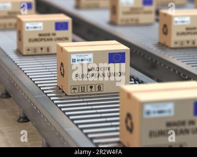 Hergestellt in der Europäischen Union. Kartons mit Text Made in European Union und EU-Flagge auf dem Rollenförderer. 3D Abbildung Stockfoto