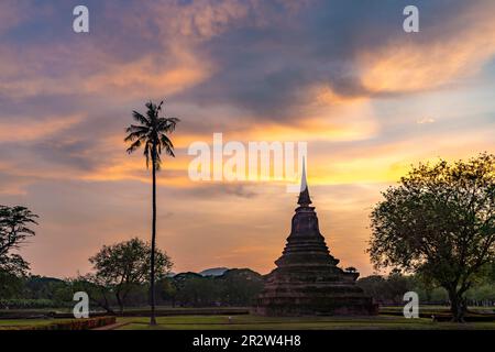 Der zentrale buddhistische Tempel Wat Mahathat bei Sonnenuntergang, UNESCO Welterbe Geschichtspark Sukhothai, Thailand, Asien | das Zentrum von Most i. Stockfoto