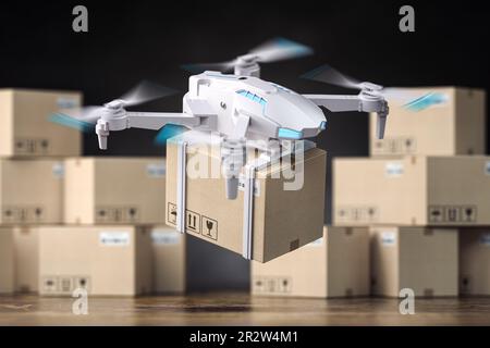 Drohne oder Quadcopter und Pappkarton, in einem Lager mit Paketen. Expresslieferung und Logistikkonzept. 3D Abbildung Stockfoto