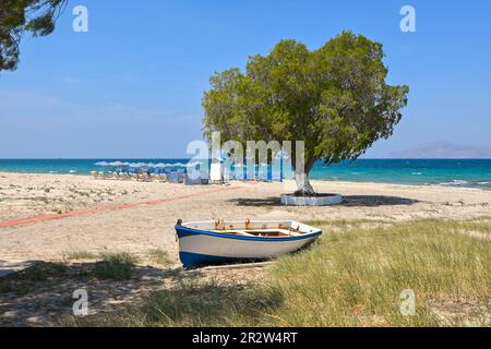 Wunderschöner Marmari Strand mit goldenem Sand und türkisfarbenem Wasser. Die Insel Kos, Greec Stockfoto