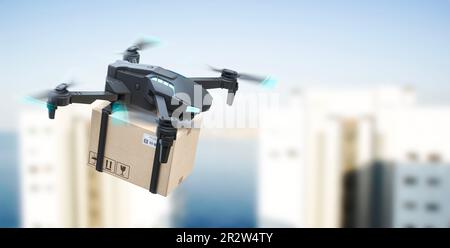 Fliegende Lieferdrohne mit Pappkarton. Konzept der Expresslieferung. 3D Abbildung Stockfoto