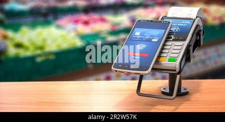 Kontaktlose Bezahlung mit Smartphone. POS-Terminal mit NFC-Mobiltelefon im Supermarkt. 3D Abbildung Stockfoto