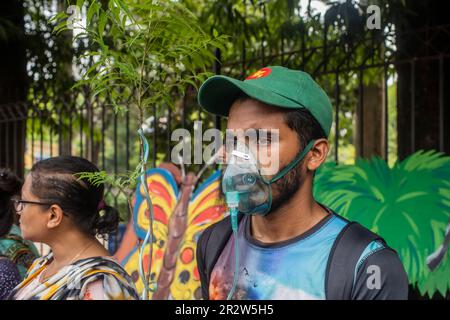 Dhaka, Bangladesch. 21. Mai 2023. An der Demonstration nimmt ein Protestteilnehmer mit Sauerstoffmaske Teil. Die Dhaka Metropolitan Police (DMP) hat Umweltaktivisten unter dem Banner von „Saat Masjid Sarak Gach Rakkha Andalan“ daran gehindert, Dhaka South City Corporation (DSCC) zu belagern und gegen das Fällen von Bäumen im Namen der Verschönerung der Saat Masjid Road von Dhanmondi zu protestieren. Kredit: SOPA Images Limited/Alamy Live News Stockfoto