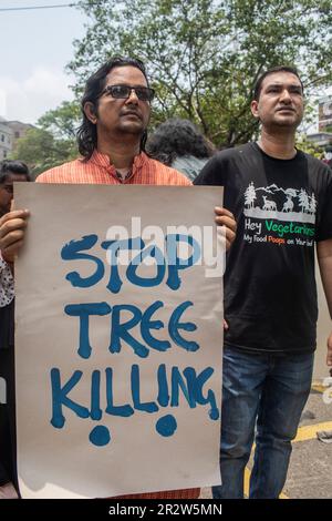 Dhaka, Bangladesch. 21. Mai 2023. Der Demonstrante hält während der Demonstration ein Plakat, auf dem er seine Meinung zum Ausdruck bringt. Die Dhaka Metropolitan Police (DMP) hat Umweltaktivisten unter dem Banner von „Saat Masjid Sarak Gach Rakkha Andalan“ daran gehindert, Dhaka South City Corporation (DSCC) zu belagern und gegen das Fällen von Bäumen im Namen der Verschönerung der Saat Masjid Road von Dhanmondi zu protestieren. Kredit: SOPA Images Limited/Alamy Live News Stockfoto