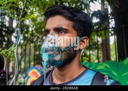 Dhaka, Bangladesch. 21. Mai 2023. An der Demonstration nimmt ein Protestteilnehmer mit Sauerstoffmaske Teil. Die Dhaka Metropolitan Police (DMP) hat Umweltaktivisten unter dem Banner von „Saat Masjid Sarak Gach Rakkha Andalan“ daran gehindert, Dhaka South City Corporation (DSCC) zu belagern und gegen das Fällen von Bäumen im Namen der Verschönerung der Saat Masjid Road von Dhanmondi zu protestieren. (Foto: Sazzad Hossain/SOPA Images/Sipa USA) Guthaben: SIPA USA/Alamy Live News Stockfoto