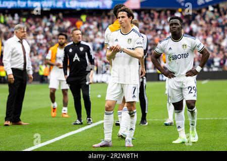 London, Großbritannien. 21. Mai 2023. Brenden Aaronson von Leeds United in Vollzeit. Spiel der Premier League, West Ham Utd gegen Leeds Utd im London Stadium, Queen Elizabeth Olympic Park in London am Sonntag, den 21. Mai 2023 . Dieses Bild darf nur zu redaktionellen Zwecken verwendet werden. Redaktionelle Verwendung nur Bild von Lewis Mitchell/Andrew Orchard Sports Photography/Alamy Live News Kredit: Andrew Orchard Sports Photography/Alamy Live News Stockfoto