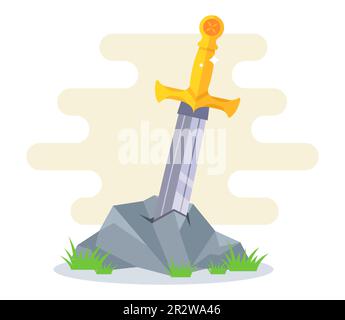 Das legendäre Schwert im Stein. Abbildung eines flachen Vektors Stock Vektor