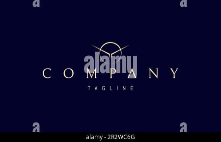 Goldenes Vektorlogo, auf dem ein abstraktes Bild eines fliegenden Vogels vor dem Hintergrund der Sonne abgebildet ist. Stock Vektor