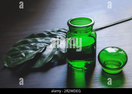 Monstera-Blatt auf schwarzem Hintergrund mit grüner Vase. Konzept und Minimalismus. Stockfoto