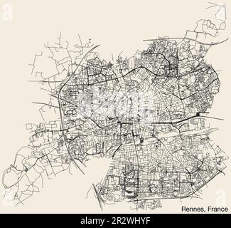 Detaillierte handgezeichnete Straßenkarte der französischen Stadt RENNES, FRANKREICH, mit soliden Straßenlinien und Namensschild auf altem Hintergrund Stock Vektor