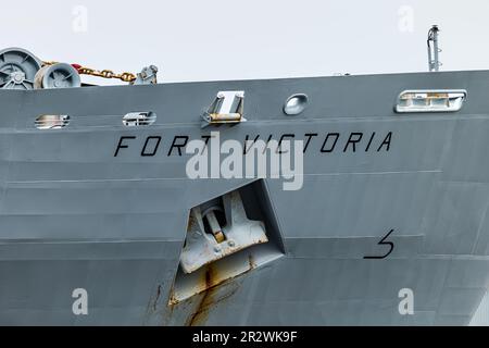 Nahaufnahme des Rostankers auf RFA Forth Victoria Naval Ship (A387), Leith Harbour Docks, Edinburgh, Schottland, Großbritannien Stockfoto