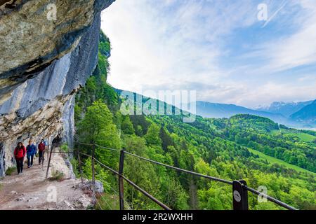 Bad Goisern am Hallstättersee: Felswand Ewige Wand, Blick auf Bad Goisern und Berg Dachstein (Rückseite) in Salzkammergut, Oberösterreich, Oberösterreich Stockfoto