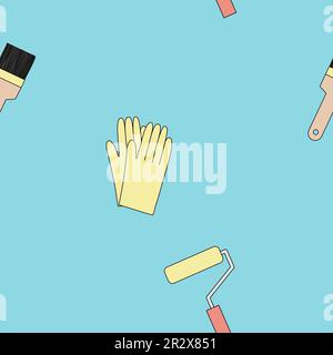 Nahtloses Muster mit Hausreparaturwerkzeugen, Malerpinsel, Malerwalze, Arbeitshandschuhen, Vektordarstellung Stock Vektor