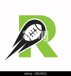 Der Anfangsbuchstabe R Rugby Logo, das American Football Symbol, kombiniert mit der Rugby Ball Ikone für das American Football Logo Stock Vektor