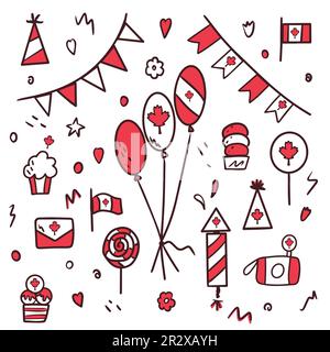 Kanada-Tag. Am 1. Juli. Satz roter und weißer Symbole und Symbole im Kritzelstil. Ahornblatt als Symbol. Grußkarte, Banner oder Poster. Vektor Stock Vektor