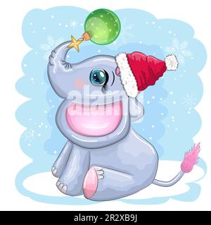 Niedlicher Cartoon-Elefant, kindische Figur mit wunderschönen Augen, weihnachtsmannmütze, Schal, Geschenk, weihnachtsball oder Zuckerrohr. Das Konzept des Stock Vektor