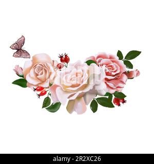 Rosenset mit Schmetterlingen und Kolibris auf weißem Hintergrund, von Hand gezeichnet, perfekt für das Design von Postkarten, Broschüren, Kleidung, Geschirr Stockfoto
