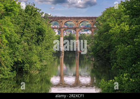 Der Eisenbahnviadukt Enzviadukt über den Fluss Enz in der Stadt Bietigheim-Bissingen, Baden Württemberg, Deutschland, Europa Stockfoto