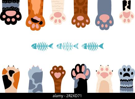 Hintergrund der PET-Pfoten. Katzen wollen Fischskelett. Verschiedene Katzenfüße, Karikaturenkatze oder Tigerpfote mit Klauen. Abstraktes tierisches Vektorbanner Stock Vektor