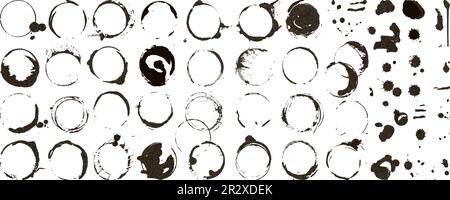 Schwarze Kaffeeringe, Grunge-Kreisrahmen oder Stempelgrafiken. Flecken und Tropfen, isoliertes dekoratives Design. Neoterische Dekorations-Vektorkulisse Stock Vektor