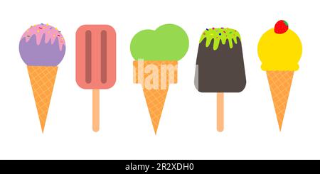 Ein Set süßes Fruchteis und Eis, auf Stöcken und in Waffelbechern. Stock Vektor