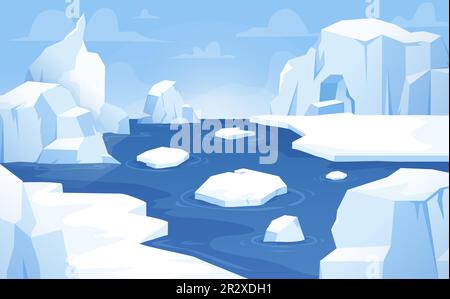 Arktischer Hintergrund, schwimmende Eisberge, antarktis-Landschaft. Wunderschönes Meer oder Meer, Gletscher und Eisberge. Nördliche, kuschelige Vektorszene Stock Vektor