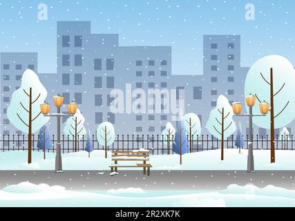Stadtbild. Verschneiter Wintertag im Park. Laternen und eine Bank, urbane Hochhäuser. Abbildung eines flachen Vektors mit Verläufen. Stock Vektor