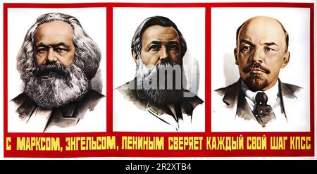 Propagandaposter, die Lenin darstellen, der die Sowjetunion gründete, einen sozialistischen Einparteienstaat, der von der ideologisch marxistischen Kommunistischen Partei regiert wird Stockfoto