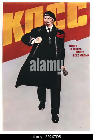 Propagandaposter, die Lenin darstellen, der die Sowjetunion gründete, einen sozialistischen Einparteienstaat, der von der ideologisch marxistischen Kommunistischen Partei regiert wird Stockfoto
