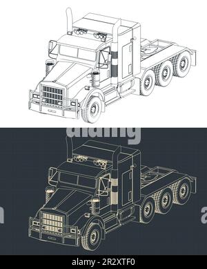 Stilisierte Vektordarstellung isometrischer Entwürfe eines Lkw-Traktors Stock Vektor