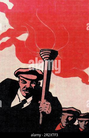 Propagandaposter, die Lenin darstellen, der die Sowjetunion gründete, einen sozialistischen Einparteienstaat, der von der ideologisch marxistischen Kommunistischen Partei regiert wird Stockfoto