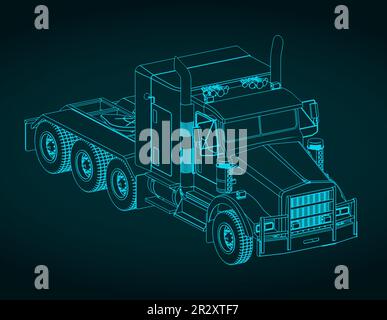 Stilisierte Vektordarstellung des isometrischen Bauplans des Lkw-Traktors Stock Vektor