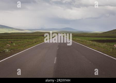 Gerade Asphaltstraße durch grüne Graslandschaften des Javakheti Plateaus mit weißer Autofahrt in der Ferne und den Kaukasusbergen, Georgia. Stockfoto