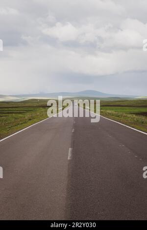 Gerade Asphaltstraße durch grüne Graslandschaften des Javakheti Plateaus mit weißer Autofahrt in der Ferne und den Kaukasusbergen, Georgia. Stockfoto