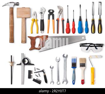 Tools Sammlung auf weißem Hintergrund Stockfoto