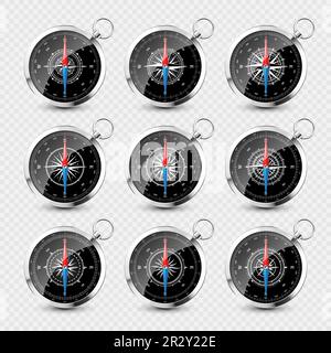 Klassischer Kompass, mariner Wind Rose mit Kardinalrichtungen von Norden, Osten, Süden, Westen. Realistischer silberner Navigationskompass, glänzendes Metall Stock Vektor