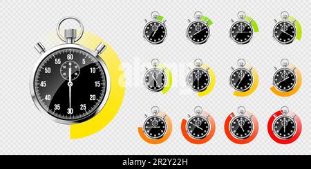Realistische klassische Stoppuhr. Glänzendes Metallchronometer, schwarzer Zeitzähler mit Skala. Farbenfroher Countdown-Timer, der Minuten und Sekunden anzeigt. Zeit Stock Vektor