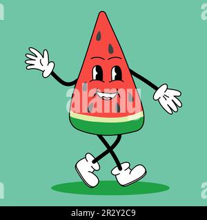 Wassermelone im groovy Stil niedliche Zeichentrickfigur mit Gesicht, Armen und Beinen, Vektorgrafik Stock Vektor