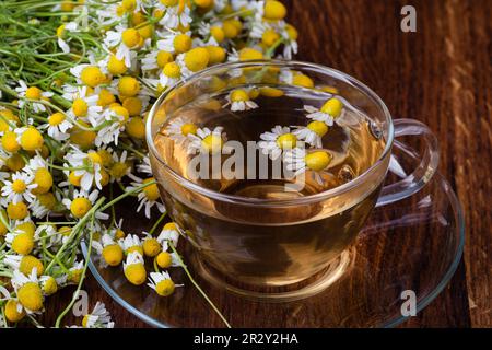 Tasse Arzneimittel Kamillentee auf Holz Stockfoto