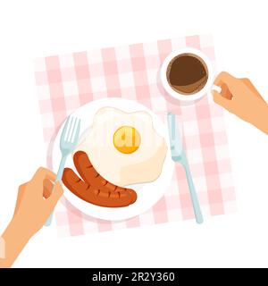 Köstliches Frühstück auf einem Teller mit Blick von oben. Omelette und gegrillte Würstchen. Tisch mit Tischdecke. Hände halten Gabel und Messer. Vektordarstellung. Stock Vektor