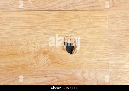 Ein Holzbodenboden, der mit einem Loch zu Hause zerstört wurde Stockfoto