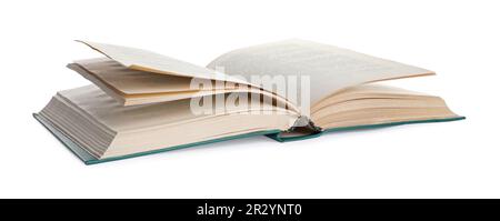 Altes offenes, festes Buch, isoliert auf weiß Stockfoto