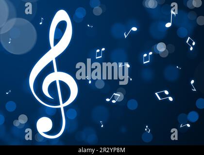 Höhen und Noten auf blauem Hintergrund, Bokeh-Effekt. Wunderschönes Illustrationsdesign Stockfoto