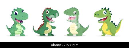 Vector Cute Kind Lächeln Dinosaurier Set. Happy Cartoon Green Dinosaur Tyrannosaurus Rex, Tyrex Collection in Flat Style Isolated Stock Vektor