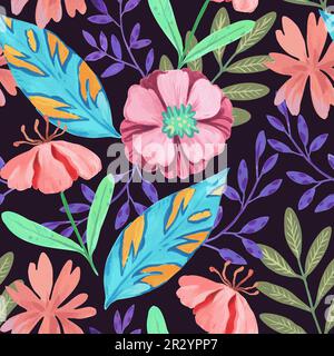 Nahtloses Muster mit abstrakten pinkfarbenen Blumen und verschiedenen botanischen Elementen in Aquarellfarben. Handgezeichnete Vektordarstellung. Stock Vektor