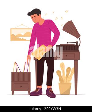 Mann, der sich für eine Vinyl-Platten-Disc entscheidet, während er Musik vom Plattenspieler hört Stock Vektor