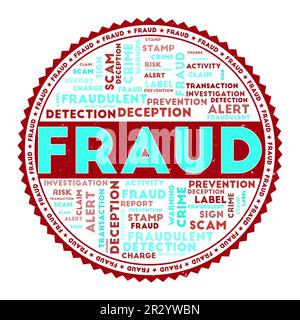 BILD eines BETRUGSWORTS. Betrugskonzept mit Wortwolken und rundem Text. Schöne Farben und Grunge-Textur. Attraktive Vektordarstellung. Stock Vektor