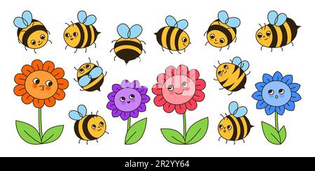 Bienenhonig-Charaktere und Blumen Retro-Cartoon-Set. Comics Kinder Honigbienen Insekten Maskottchen Figuren mit lustigen Gesichtern. Süße, handgezeichnete Sommer-Comics lächelnde, gestreifte Bienen Doodle Design Vektorzeichnung Stock Vektor