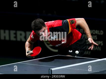 Durban, Südafrika. 21. Mai 2023. Patrick Franziska aus Deutschland tritt gegen Cedric Nuytinck aus Belgien während der 1. Runde der Herrenspiele bei den ITTF Table Tennis World Championships Finals 2023 in Durban, Südafrika, am 21. Mai 2023 auf. Kredit: Zhang Yudong/Xinhua/Alamy Live News Stockfoto