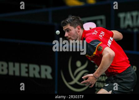 Durban, Südafrika. 21. Mai 2023. Patrick Franziska aus Deutschland tritt gegen Cedric Nuytinck aus Belgien während der 1. Runde der Herrenspiele bei den ITTF Table Tennis World Championships Finals 2023 in Durban, Südafrika, am 21. Mai 2023 auf. Kredit: Zhang Yudong/Xinhua/Alamy Live News Stockfoto